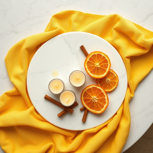 Create a warm and inviting image of a decorative candle arrangement on a marble table with a soft yellow cloth underneath, featuring five wicks partially melted, adorned with orange slices and cinnamon sticks, captured in natural light using a DSLR camera with an aperture of f/2.8, ISO 100, shutter speed 1/125 sec, from a top-down view to emphasize the details and textures.