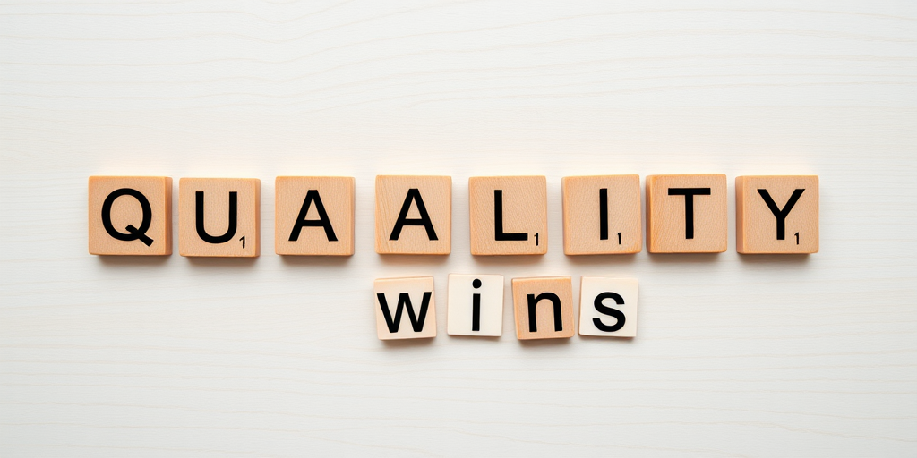 A high-resolution flat lay photograph of wooden letter tiles arranged to spell "QUALITY wins" on a light wooden background, natural lighting, 50mm lens, f/2.8 aperture, ISO 100, shot with a DSLR camera from a top-down view.