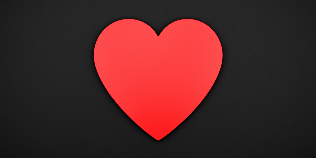 Create a high-resolution image of a large red heart icon on a black background, using a DSLR camera with a 50mm f/1.8 lens at ISO 100, aperture f/2.8, and a shallow depth of field, captured in a flat lay perspective.