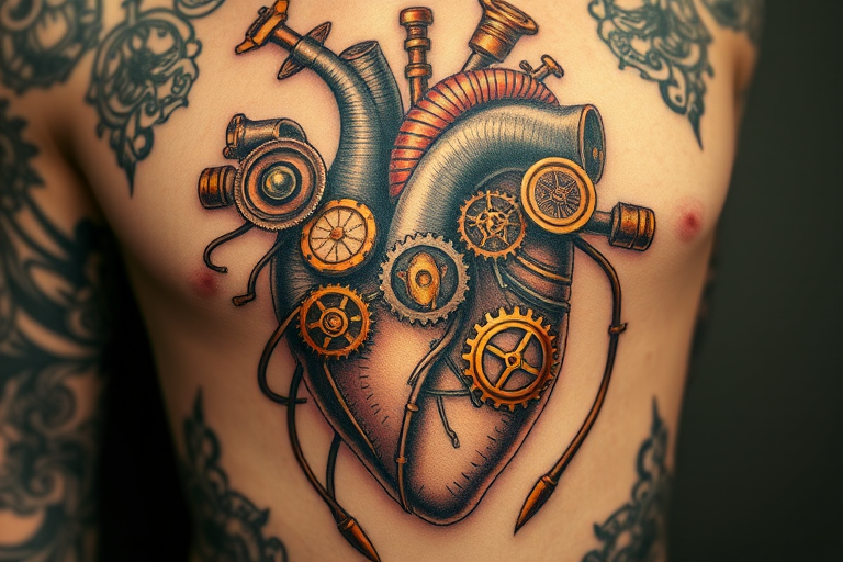 Steampunk-inspired tattoo called "Chronos Apparatus" depicting an intricate mechanical heart with gears, cogs, and pneumatic tubes, incorporating elements of Victorian-era design and industrial aesthetics, rendered in rich sepia tones with copper and brass accents