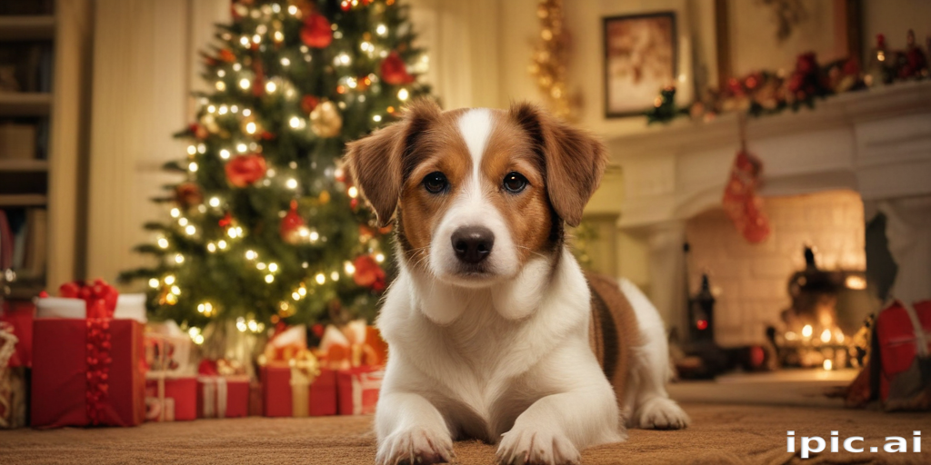 Adorable Puppy Relaxing in Front of a Festively Decorated Christmas Tree