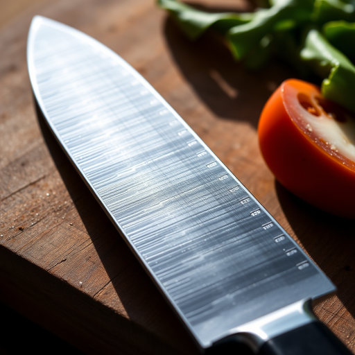 Create a high-resolution image of a kitchen cleaver with a shining blade, showcasing its details with a focal length of 50mm, aperture set to f/2.8, using a DSLR camera with natural lighting from the side for enhanced clarity and contrast.