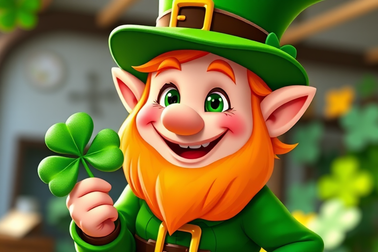 Create a vibrant, cartoon-style image of a cheerful leprechaun holding a shamrock, using a DSLR camera, f-stop 4, 50mm lens, natural lighting, and a slightly blurred background to enhance focus on the leprechaun.