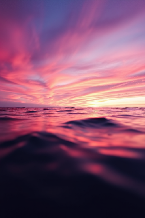 Capture a serene ocean sunset with vibrant pink and purple hues in the sky, using a DSLR camera with an 18mm lens, aperture set to f/8, ISO 100, and a slow shutter speed of 1/15 seconds, taken from a low angle perspective to emphasize the reflective water surface.