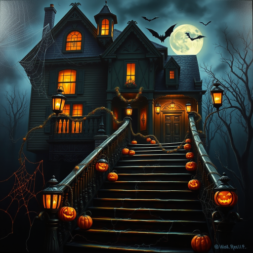 airbrushed oil painting, halloween theme, a haunted house, stairs, highly decorated, illuminated, lanterns, jack o'lantern, bats, webcobs