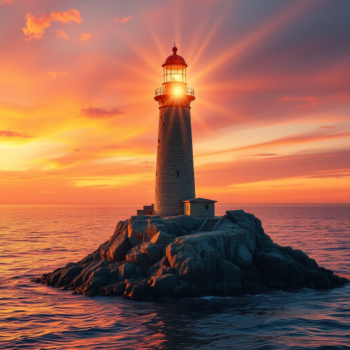 Generate an image of a tall lighthouse perched on a rocky outcrop surrounded by calm ocean waters during a breathtaking sunset. The lighthouse stands sturdy and weathered, its stone surface illuminated by the warm golden light of the setting sun. The sun's rays pass directly through the glass lantern room at the top of the lighthouse, casting a brilliant light across the scene. The sky is painted with vibrant shades of orange, pink, and purple, reflecting off the tranquil sea. The surrounding water shimmers with the same warm hues, creating a serene and majestic atmosphere.