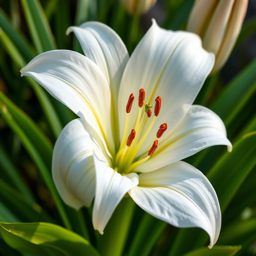 Generate a high-resolution illustration of a white lily with vibrant green leaves, using a macro lens at f/2.8, 1/200 sec shutter speed, ISO 100, with natural soft lighting, and a focus on the flower's details and textures.