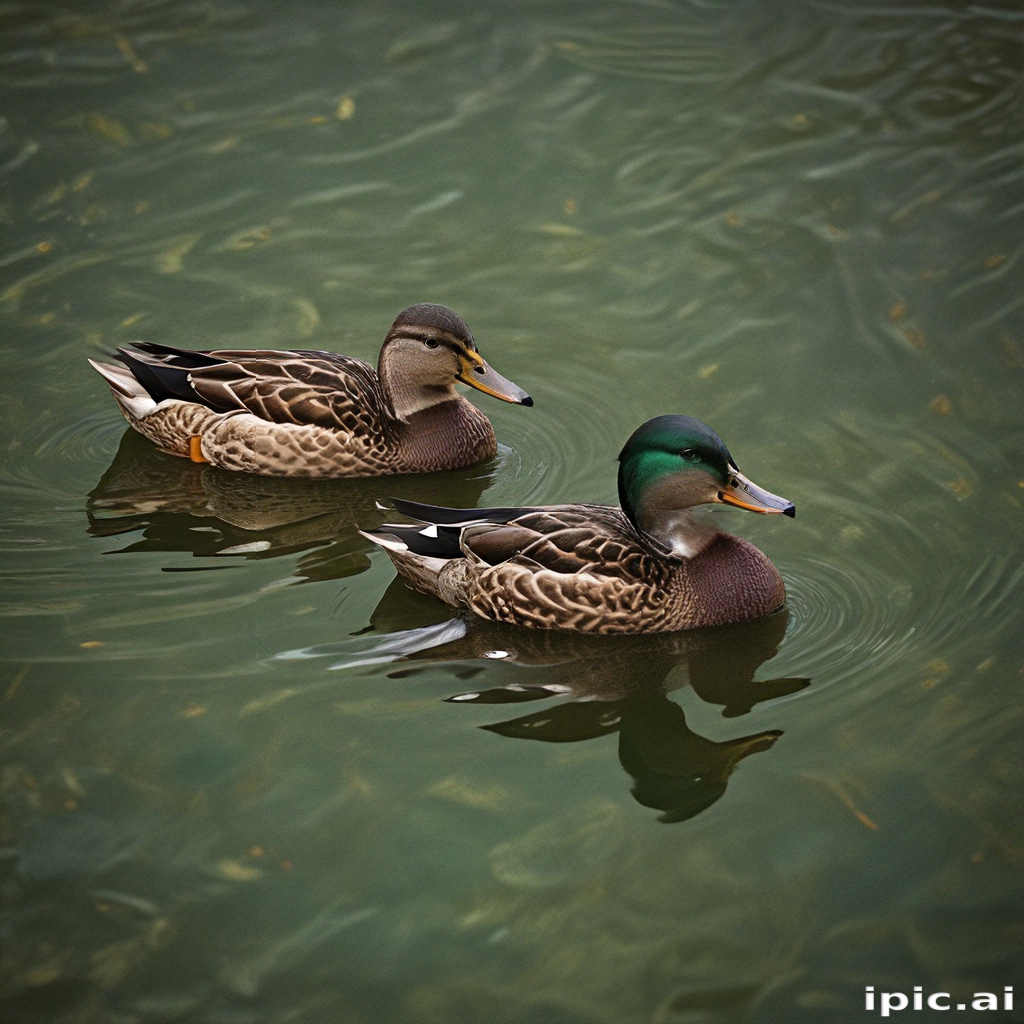 Two Ducks Gracefully Swimming Together in a Tranquil Green Pond