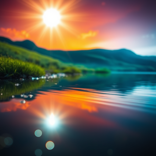 Create a vibrant landscape scene with a luminous light burst in the background, capturing the reflection on a tranquil water surface, using a DSLR camera with a 24mm lens at f/8, ISO 100, and a 1/125 sec shutter speed, shot from a low angle to emphasize the foreground details and enhanced color saturation.