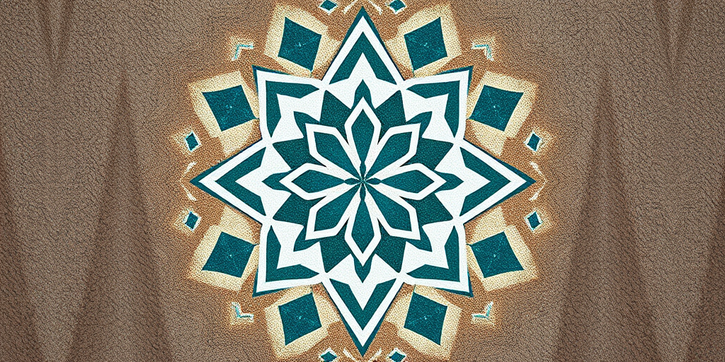 Generate an image of a stylized geometric pattern on a textured background using a DSLR camera with a 50mm lens, aperture f/1.8, ISO 100, natural lighting, top-down view, in high resolution, ensuring vibrant colors and sharp details.