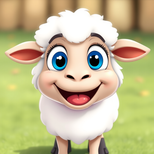 Create a cartoon-style illustration of a cheerful sheep with large blue eyes and a big smile, fluffy white wool, and playful nature, using a high-resolution digital camera at f/4 aperture, 50mm lens, ISO 100, shot from a slightly low angle for a dynamic perspective.