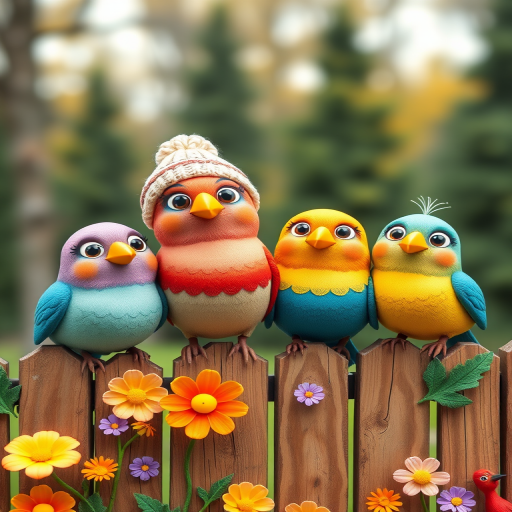 create a scene of 4 quirky  whimsical colourful comical birds each with a funny expression. they are sat on a wooden fence with colourful flowers. they are all different sizes. each one is a different colour  one is wearing a woolly hat. Each one has a different quirky google expression and there is a muted background of trees watercolour paintierly style high definition 8k resolution 3D paper mache