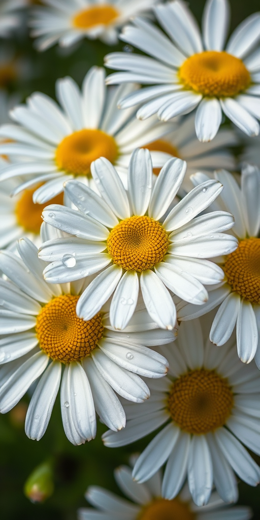 close-up of white daisies with yellow centers, water droplets on petals, soft-focus background, aperture f/2.8, shutter speed 1/200s, ISO 100, macro lens, natural light, DSLR camera