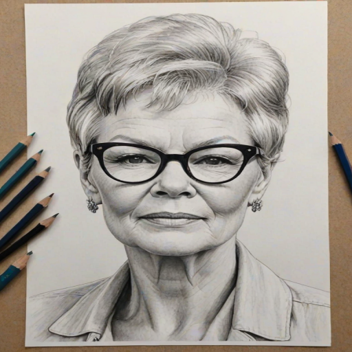 Alluring Judy Dench, pencil sketch, portrait of Sublime woman 1976s in glasses, hair style beatnik, outline, clear lines, fine lines, 8k