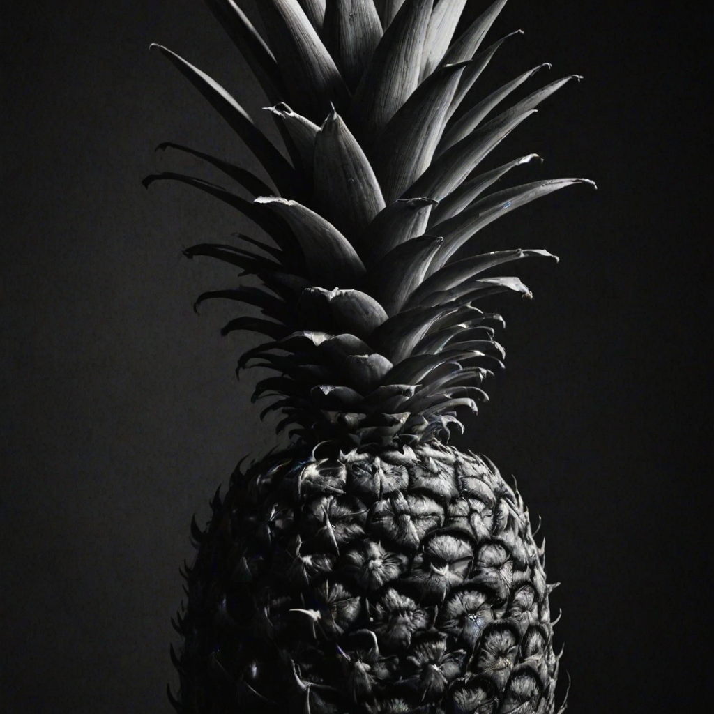 a black and white image of a pineapple against a dark background