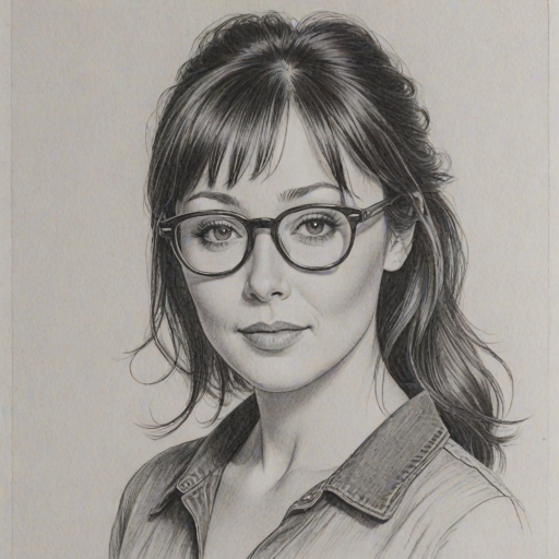 Splendid Shannen Doherty, pencil sketch, portrait of Elegant woman 1963s in glasses, hair style beatnik, outline, clear lines, fine lines, 8k