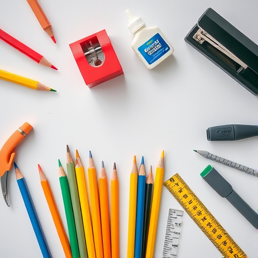 Create a flat lay image of various school supplies including pencils, a pencil sharpener, glue, markers, a ruler, and a stapler, shot in natural light with a Canon EOS R camera at f/4, ISO 100, 1/200s, with a top-down perspective for clarity and color vibrancy.