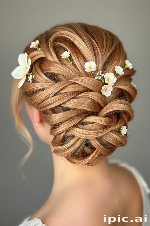 Romantic rose gold braided crown updo, adorned with delicate floral accessories, exuding ethereal charm and feminine grace