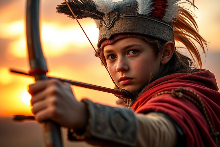 Create a detailed fantasy portrait of a young archer in a heroic pose, wearing a feathered hat and adorned with a rich cloak, set against a soft sunset background with vibrant colors, using a Canon EOS R5, 50mm lens, f/1.8 aperture, 1/200 sec shutter speed, and soft focus style to enhance depth and clarity.