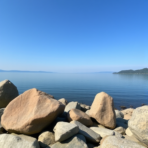 Capture a serene lakeside view with large rocks in the foreground and a calm blue sky, use a wide-angle lens, aperture f/8, ISO 200, shutter speed 1/250 sec, DSLR camera.