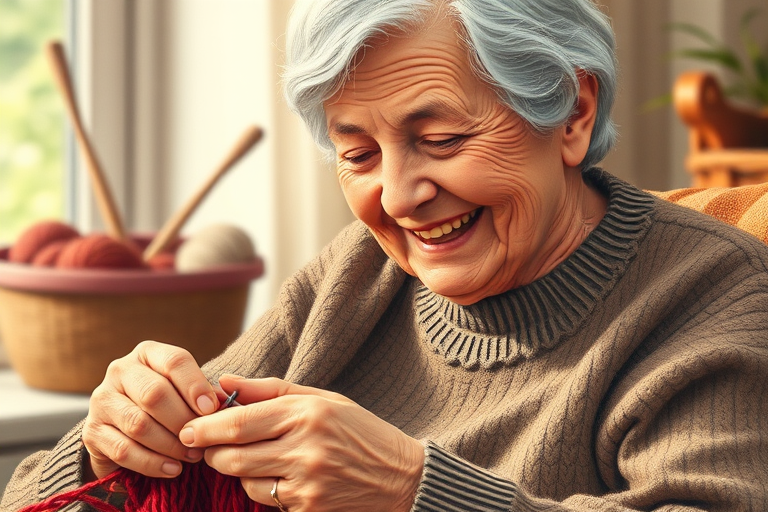 Create a detailed illustration of an elderly woman knitting, focused on her joyful expression, using a warm color palette, captured with a DSLR camera at f/4, 50mm lens, ISO 200, in natural light to enhance texture and detail.