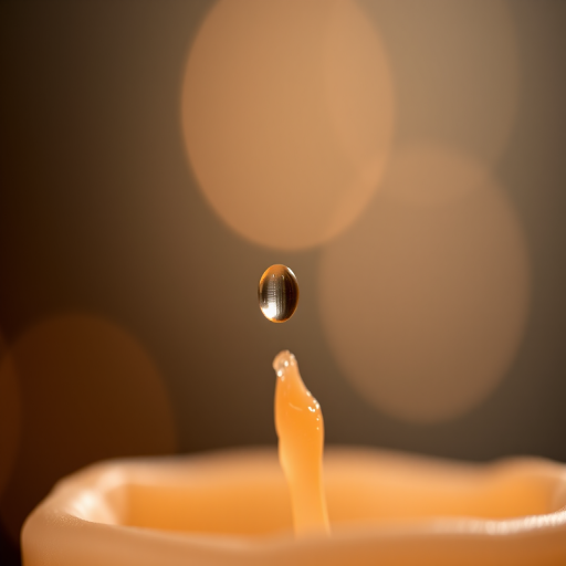 macro shot of a lit candle with a droplet of wax forming, soft bokeh background, f/2.8 aperture, ISO 200, 1/60 sec shutter speed, DSLR camera with 50mm lens, warm ambient lighting