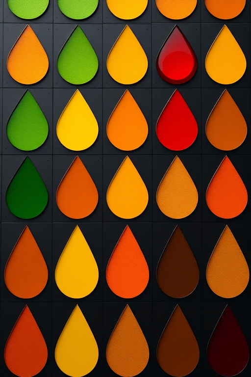 Create a high-resolution image of a grid pattern featuring teardrop shapes in a variety of colors including green, yellow, orange, red, and brown on a dark background, using a Canon EOS R5, 50mm lens, f/8 aperture, ISO 100, and soft natural lighting for enhanced clarity and detail.