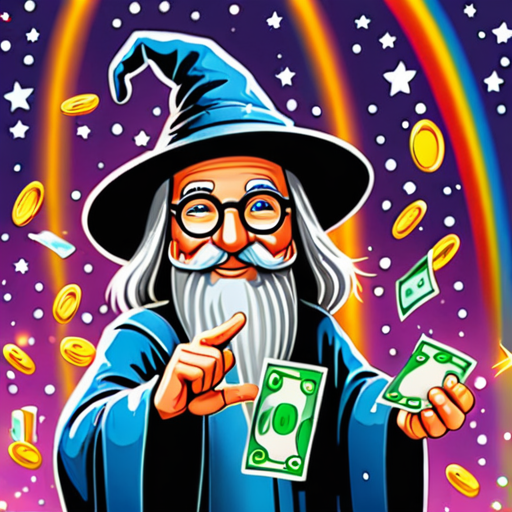 a cartoon wizard spraying money from his fingertips with sparkles and ...