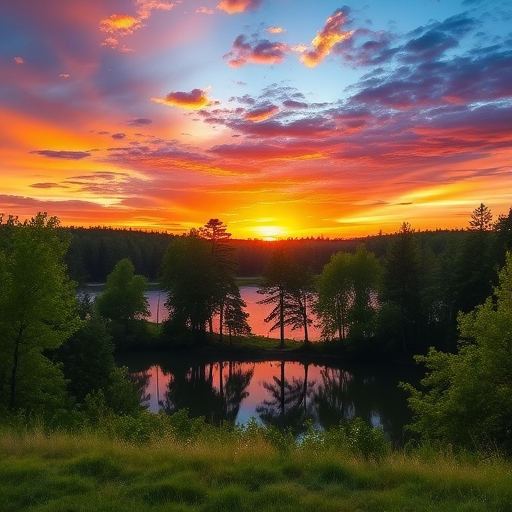 Create a vibrant landscape showcasing a serene sunset over a calm lake surrounded by lush trees, captured with a DSLR camera at f/8 aperture, ISO 100, 24mm focal length, using a wide-angle lens to enhance depth and clarity.