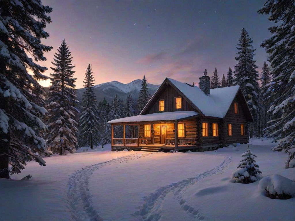 Quiet mountain cabin at dusk, a warm fire glowing inside, while a gentle snow begins to fall outside, coating the pine trees in white.