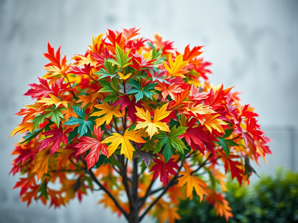 create an image of a vividly colored tree with a vibrant palette of rainbow leaves against a soft background, use a DSLR camera with a 50mm lens at f/1.8, ISO 100, and a shallow depth of field, with a top-down view to enhance the texture and detail in the paint strokes.