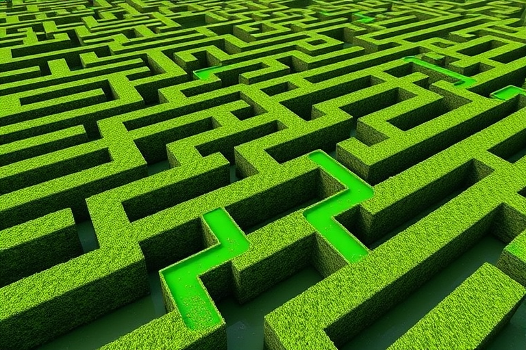3D rendering of a complex maze with prominent green pathways, camera settings: f/11, ISO 100, 1/125s, camera view: wide-angle, camera style: high-definition, camera type: DSLR.