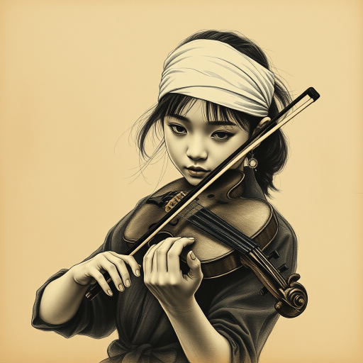 a young Ryukyuan woman with a white headband playing a violin, in the style of a charcoal drawing, sepia grunge background