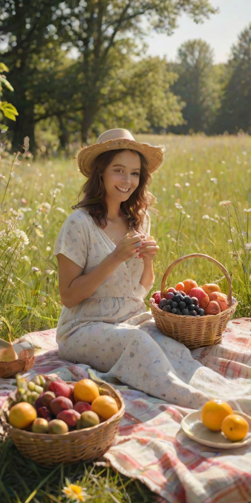Soft-focus image of a woman enjoying a picnic in a sun-dappled meadow, with a woven blanket spread out, surrounded by a basket of fresh fruits and flowers in full bloom.