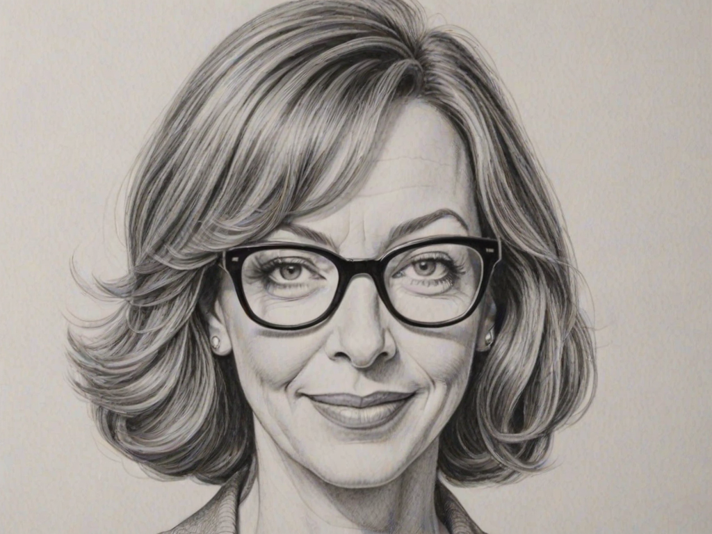 Attractive Allison Janney, pencil sketch, portrait of Resplendent woman 1952s in glasses, hair style beatnik, outline, clear lines, fine lines, 8k