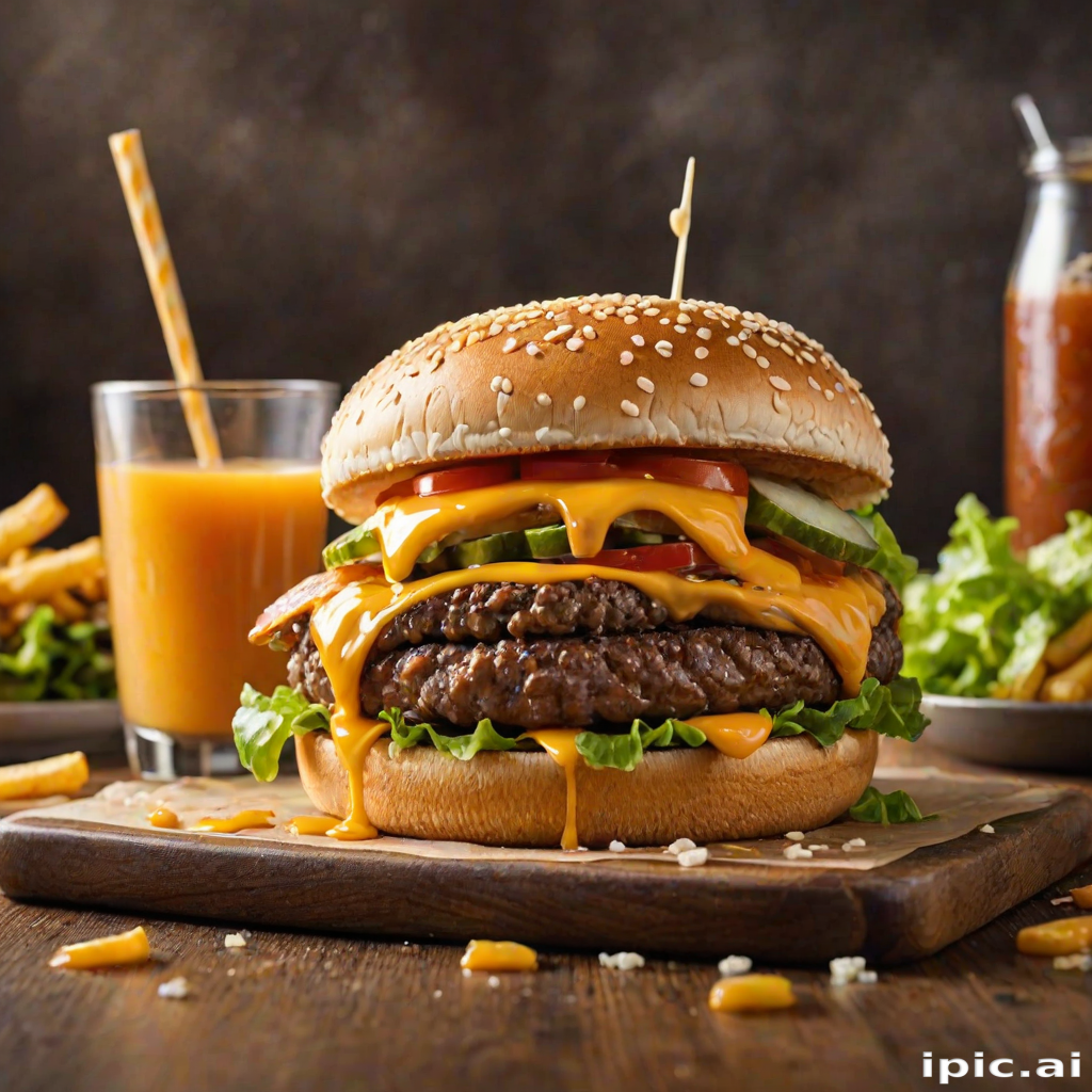 High-resolution, close-up image of a gourmet double cheeseburger. The burger features a glossy, sesame-seed-topped brioche bun. Inside, there are two thick, juicy beef patties, each topped with melted cheddar cheese. The burger is garnished with fresh lettuce, tomato slices, diced onions, and pickles. A generous amount of ketchup and a creamy, orange-colored sauce is dripping down the sides, adding to the mouth-watering appeal. In the background, there are blurred elements including a side of golden French fries and a hint of a beverage, enhancing the overall presentation of a delicious meal.
