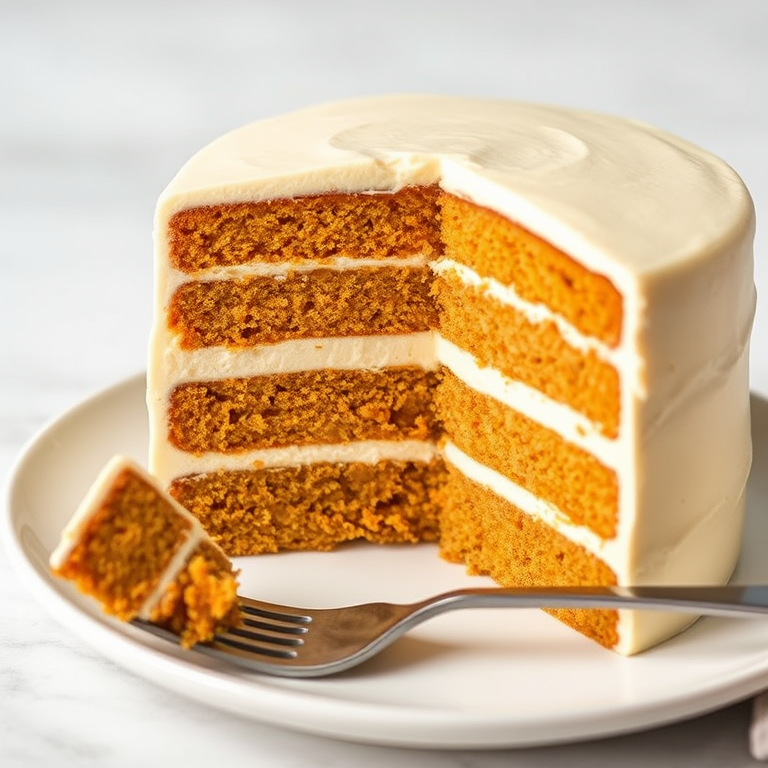 Create an image of a layered cake with distinct sections of pumpkin, cream, and spice flavors visible in the cross-section. The cake should have a smooth, creamy frosting on top and a slice removed to show the layers. Include a fork resting beside the slice on a white plate with a soft background.