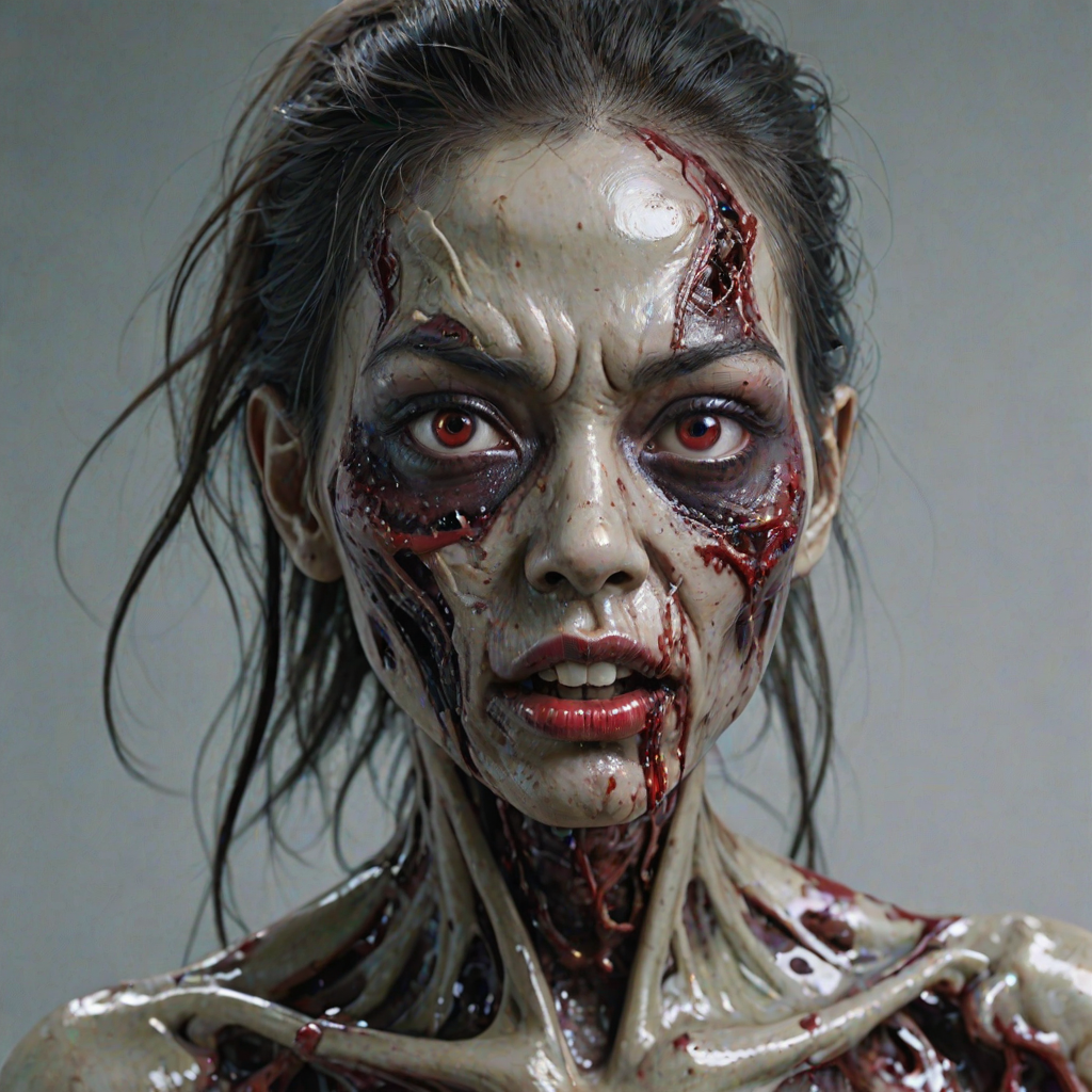 (perspective) of A creepy (ethnicity) zombie cyborg with (descriptive color) skin, (color) lipstick (color) liquid flowing from her eyes and mouth, (perspective two) portrait, (camera angle), extremely detailed, (art style) in the style of Yoshitaka Amano and Tetsuo Hara. --ar 85:128 --style raw --niji 6
