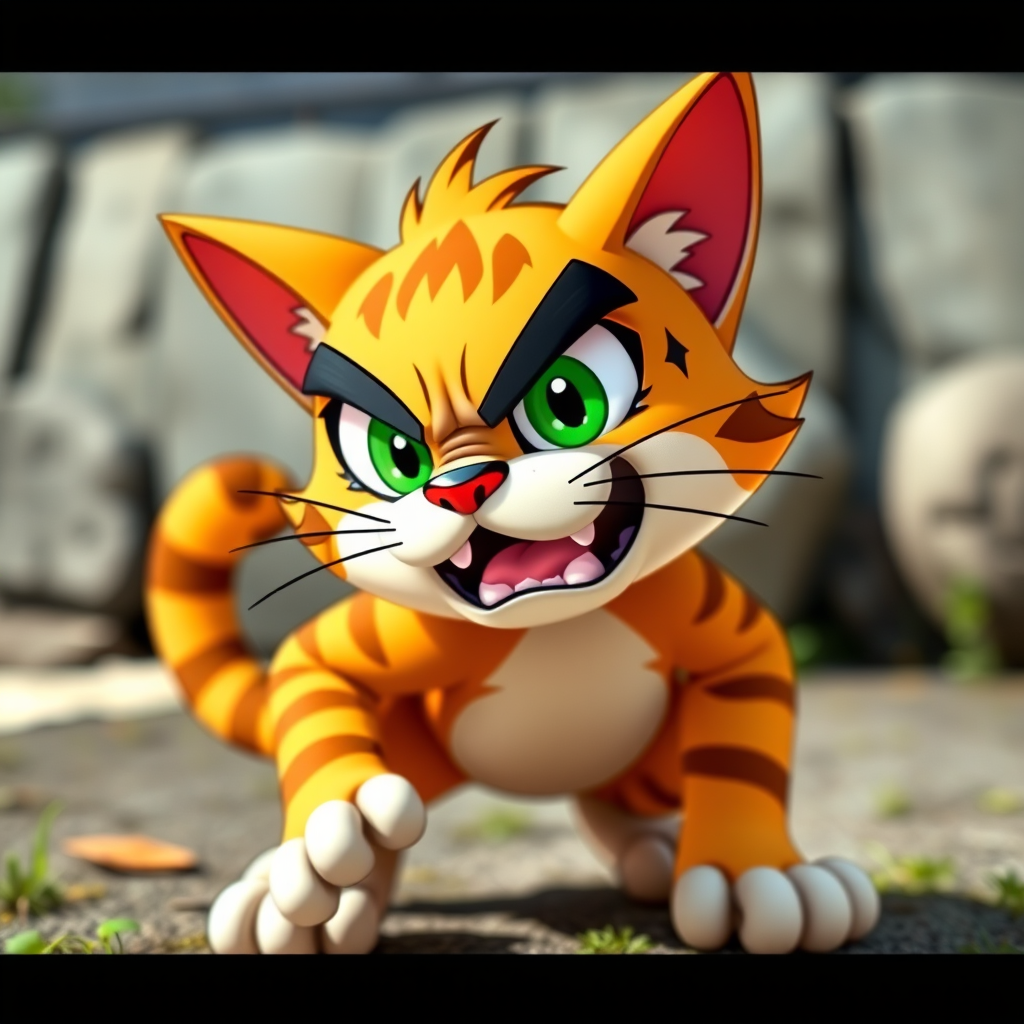 Generate a detailed image of an angry cartoon cat character, shown in a dynamic crouching pose, with vibrant colors and expressive features, taken with a DSLR camera at f/2.8 aperture, ISO 100, 50mm lens, in natural lighting, focused sharply on the character while slightly blurring the background to enhance depth.