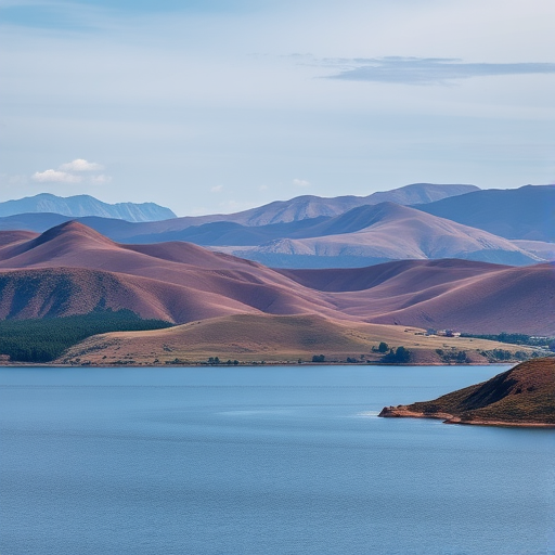 Create a high-resolution image of a serene landscape featuring rolling hills and a calm lake, shot with a Canon EOS R5 at f/8, ISO 100, 1/200s, using a 24-70mm lens in landscape orientation for enhanced detail and clarity.