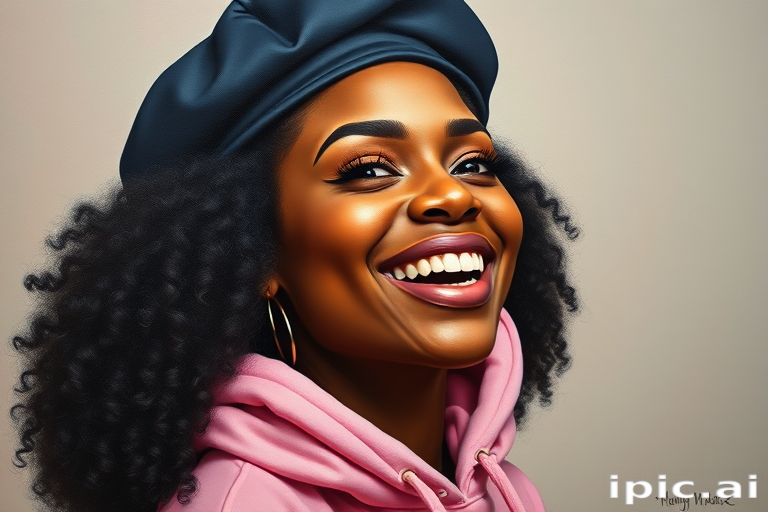 gorgeous  curvy black woman with a black beret, pink hoodie, face expressing joy Ultra realistic painting, sticker art