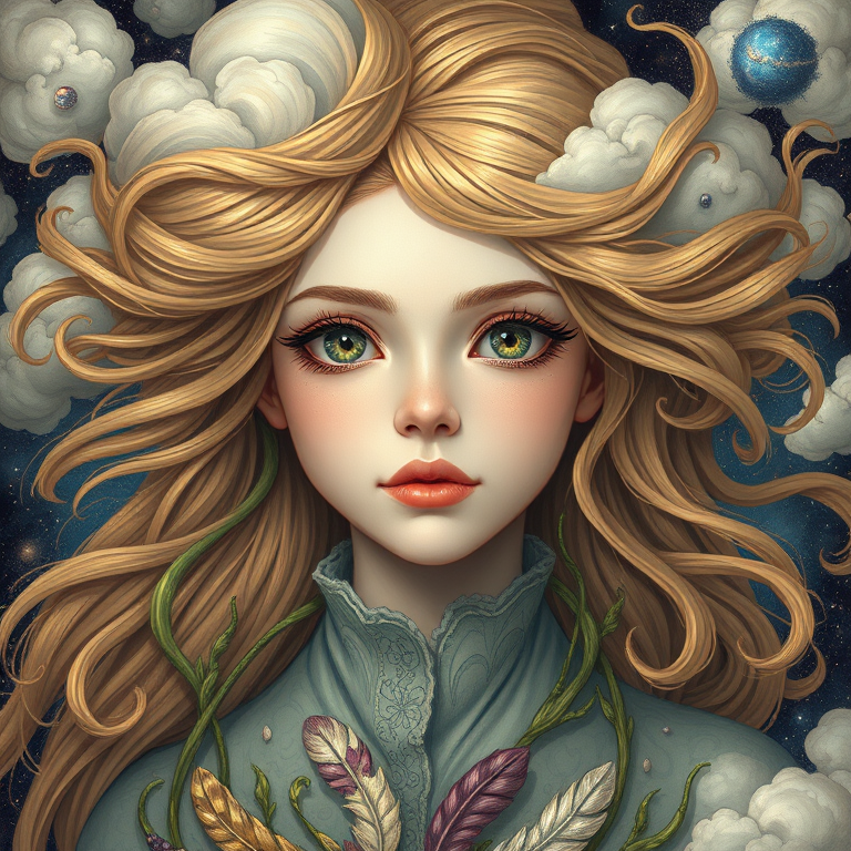 Create a series of imaginative portraits where each subject is infused with elements of fantasy and nature. The hair of the individuals should flow like clouds, varying from soft, fluffy cumulus to wispy cirrus strands, with hints of color reflecting a sunset or a clear blue sky. The eyes should be windows to entire galaxies, with stars, nebulae, and distant planets visible within them. Clothing should be adorned with nature motifs, such as floral patterns that bloom and change, vines that seem to grow and wrap around, or feathers that shimmer with iridescence. Each portrait should capture a unique personality, blending human features with the ethereal beauty of the natural and cosmic world. The backgrounds can vary, from starry night skies to enchanted forests, adding depth and context to the magical realism of the portraits