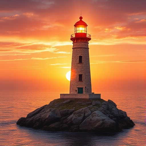 Generate an image of a tall lighthouse perched on a rocky outcrop surrounded by calm ocean waters during a breathtaking sunset. The lighthouse stands sturdy and weathered, its stone surface illuminated by the warm golden light of the setting sun. The sun's rays pass directly through the glass lantern room at the top of the lighthouse, casting a brilliant light across the scene. The sky is painted with vibrant shades of orange, pink, and purple, reflecting off the tranquil sea. The surrounding water shimmers with the same warm hues, creating a serene and majestic atmosphere.