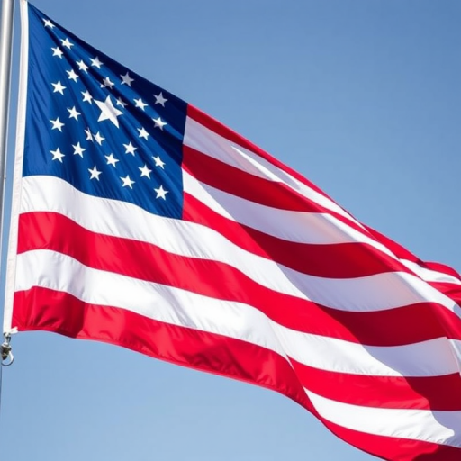 Create an image of a waving flag with horizontal stripes of red, white, and blue on a flagpole, using a DSLR camera with a 50mm lens, aperture f/2.8, shutter speed 1/250s, ISO 100, shot in portrait mode under bright daylight with a shallow depth of field.