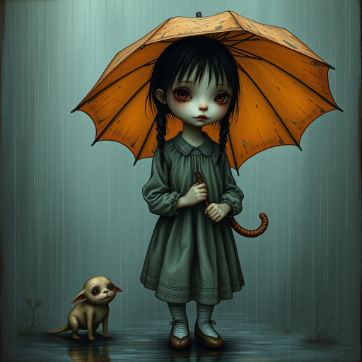 An eerie, weird little girl with dark hair in thin pigtails, wearing a smock dress, standing in the rain, holding a dirty orange umbrella, a small, odd creature beside her. In a surreal style inspired by Nicoletta Ceccoli and Brian Froud. Dark fantasy themes