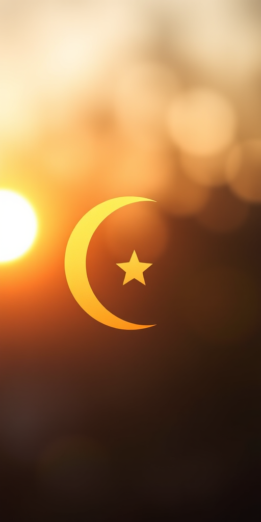 Create a high-resolution image of a crescent moon and star symbol, soft focus background, golden hour lighting, shot with a DSLR camera at f/2.8, 50mm lens, ISO 200, vivid colors and enhanced contrast.