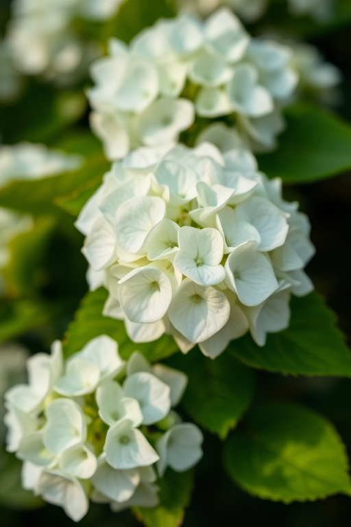 a close-up shot of white hydrangea flowers with vibrant green leaves, taken with a Canon EOS R5, 50mm lens, f/1.8 aperture, ISO 100, soft natural lighting, with a shallow depth of field to create a blurred background and enhance focus on the flowers