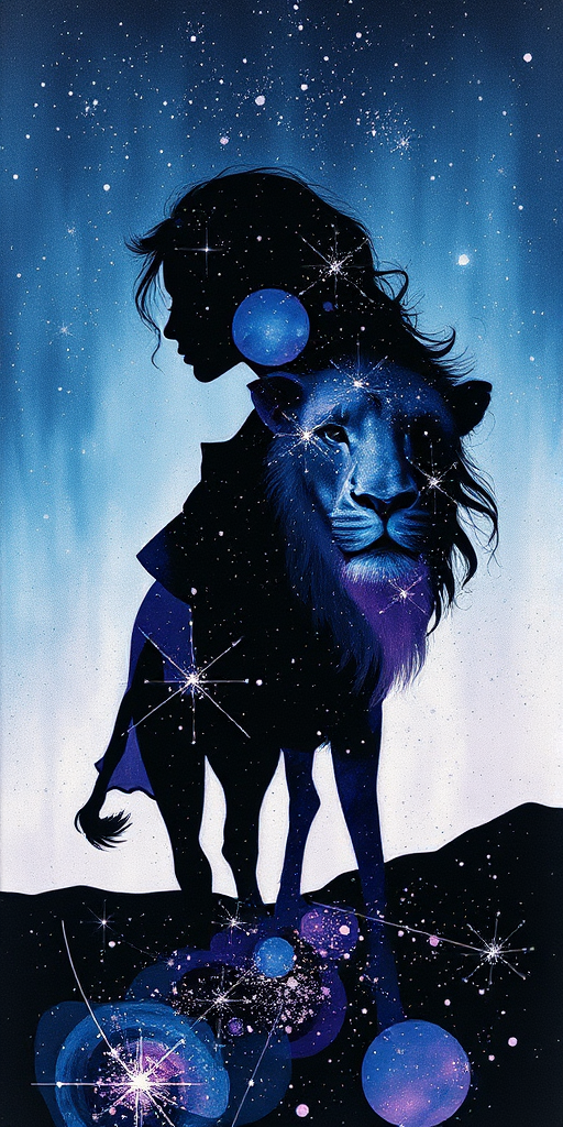 Captivating conceptual render alcohol ink art, double exposure, the paint strokes artfully merge combining a woman's full silhouette with a Cordial camel's silhouette. The figures are composed of a series of colored dots, lines & spots that evoke the image of a cosmic galaxy, colors are deep shades of blue purple & black with flashes of white & silver representing distant stars. The woman's silhouette is formed within the lion's silhouette from constellations of scattered stars, surreal