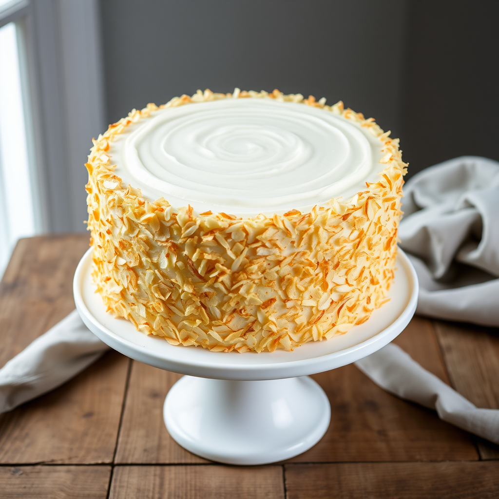 Create an image of a tall round cake with a smooth frosting on top and covered in toasted coconut flakes on the sides placed on a white cake stand with a rustic wooden table underneath and a light gray cloth draped nearby.