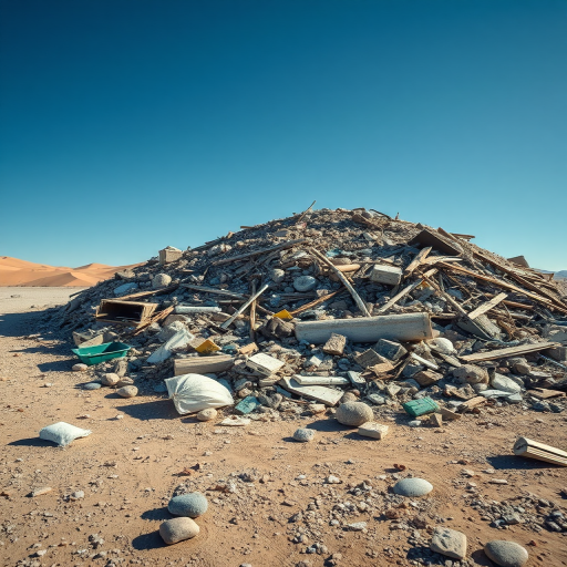 create a high-resolution image of a large pile of waste and debris in a desert landscape, captured with a Canon EOS R5, 24mm lens at f/8, ISO 100, 1/200s, wide-angle view with vibrant colors and sharp details, emphasizing texture and scale against a clear blue sky
